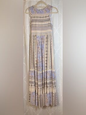 Alter’d State Maxi Dress | Boho Tiered Flowy Dress | Blue Neutral Print | Size M